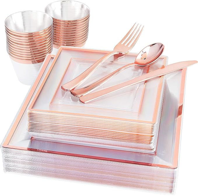 Rose Gold Disposable Dinnerware Set – Square Plastic Plates, Cups & Cutlery for Weddings, Parties, Baby Showers & Special Events - Home products with | Sold by Uncle Wiener's Wholesale