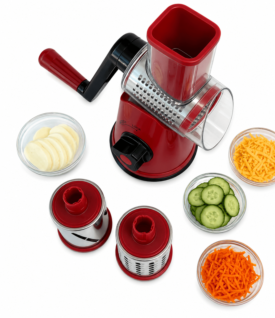 Rotary Cheese Grater & Vegetable Slicer 3 - Blade Drum Shredder with Suction Base RD886 - with | Sold by Uncle Wiener's Wholesale