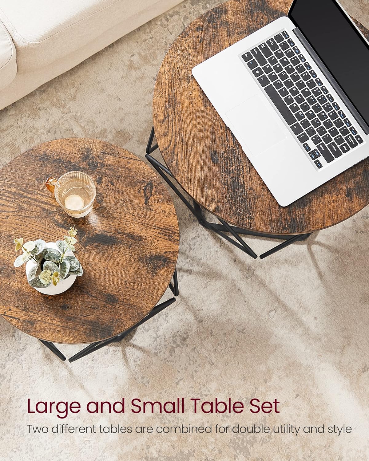 Round Coffee Table Set of 2 with Steel Frame, Modern Side Tables for Living Room, Bedroom and Office Rustic Brown and Ink Black LET040KD01 - with | Sold by Uncle Wiener's Wholesale
