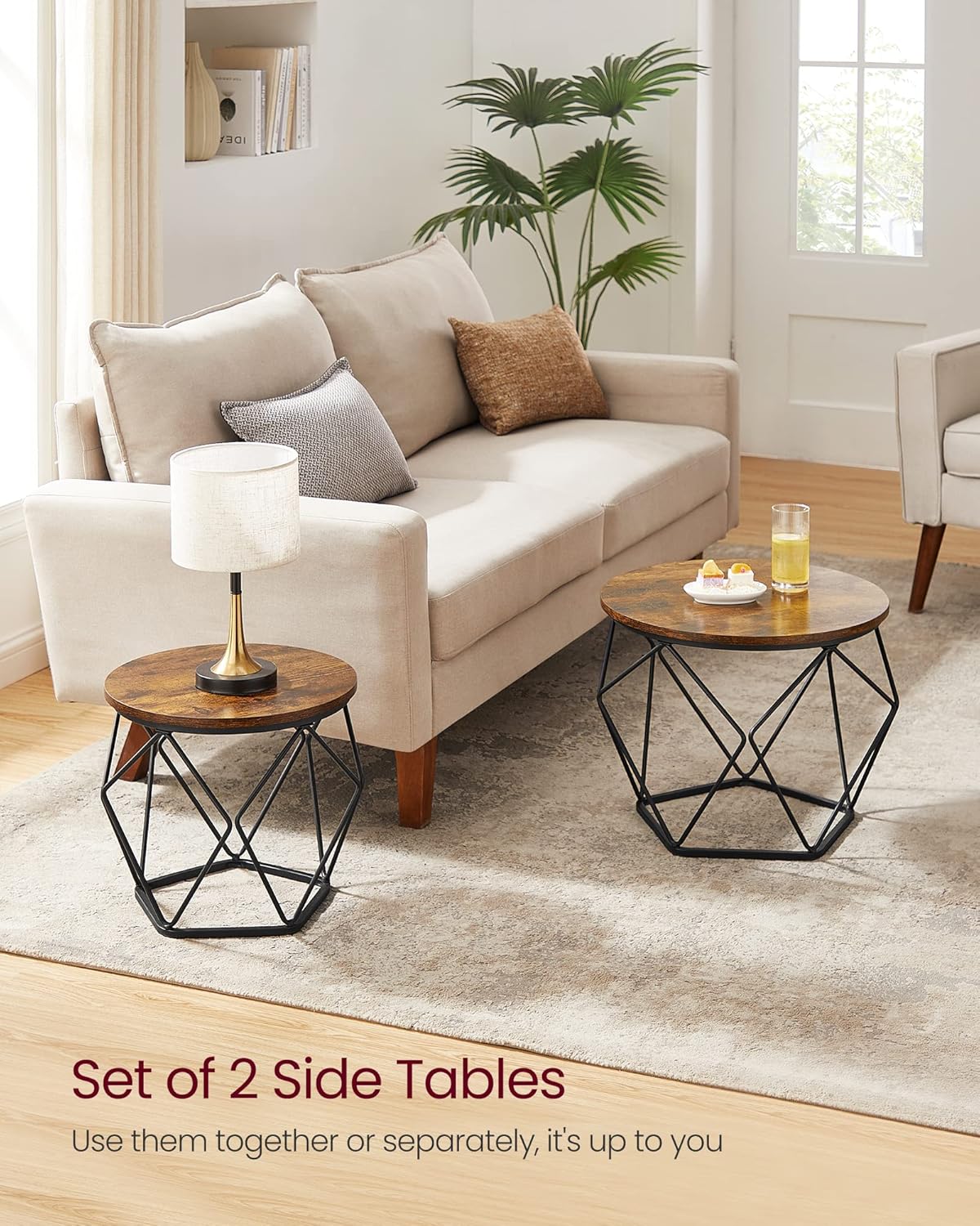 Round Coffee Table Set of 2 with Steel Frame, Modern Side Tables for Living Room, Bedroom and Office Rustic Brown and Ink Black LET040KD01 - with | Sold by Uncle Wiener's Wholesale