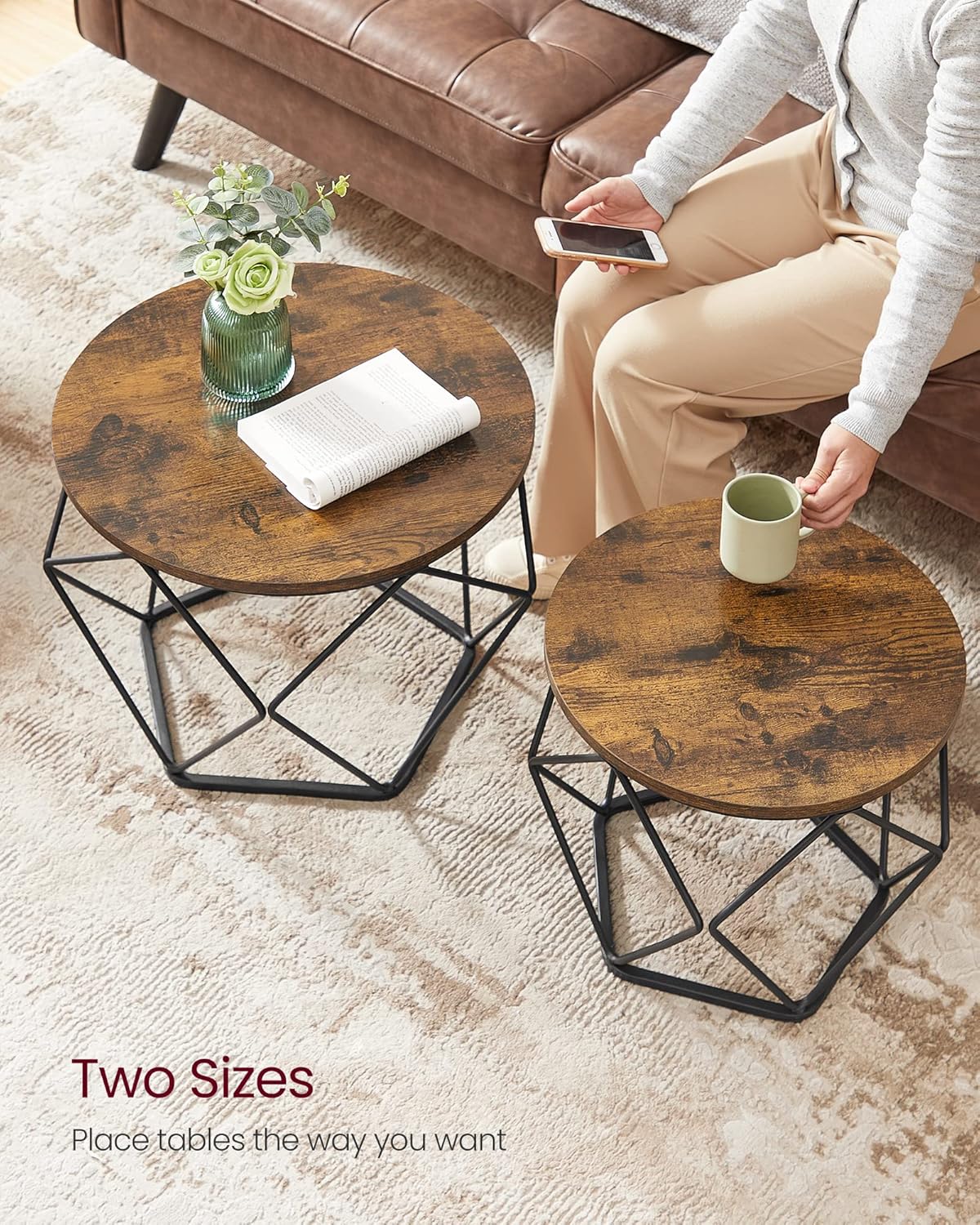 Round Coffee Table Set of 2 with Steel Frame, Modern Side Tables for Living Room, Bedroom and Office Rustic Brown and Ink Black LET040KD01 - with | Sold by Uncle Wiener's Wholesale