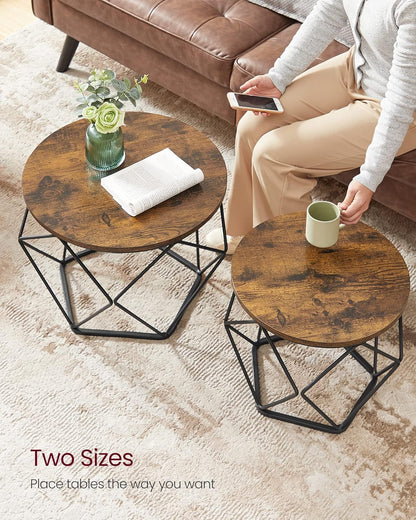 Round Coffee Table Set of 2 with Steel Frame, Modern Side Tables for Living Room, Bedroom and Office Rustic Brown and Ink Black LET040KD01 - with | Sold by Uncle Wiener's Wholesale