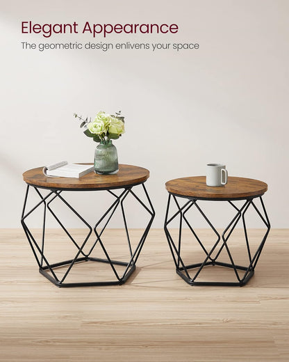 Round Coffee Table Set of 2 with Steel Frame, Modern Side Tables for Living Room, Bedroom and Office Rustic Brown and Ink Black LET040KD01 - with | Sold by Uncle Wiener's Wholesale