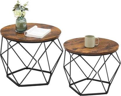 Round Coffee Table Set of 2 with Steel Frame, Modern Side Tables for Living Room, Bedroom and Office Rustic Brown and Ink Black LET040KD01 - with | Sold by Uncle Wiener's Wholesale