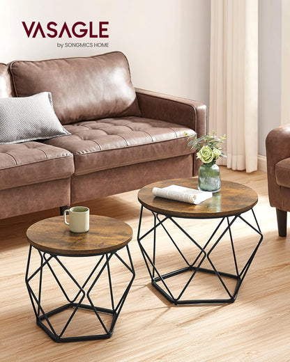 Round Coffee Table Set of 2 with Steel Frame, Modern Side Tables for Living Room, Bedroom and Office Rustic Brown and Ink Black LET040KD01 - with | Sold by Uncle Wiener's Wholesale
