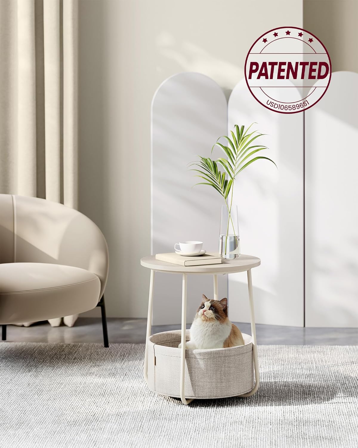 Round Side Table with Fabric Storage Basket, Modern Nightstand for Bedroom and Living Room LET223 - with Cream White | Sold by Uncle Wiener's Wholesale