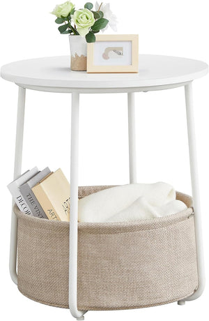 Round Side Table with Fabric Storage Basket, Modern Nightstand for Bedroom and Living Room  LET223