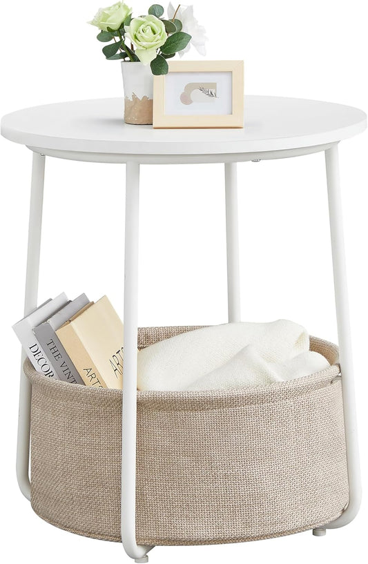 Round Side Table with Fabric Storage Basket, Modern Nightstand for Bedroom and Living Room LET223 - with Matte White and Camel Brown | Sold by Uncle Wiener's Wholesale