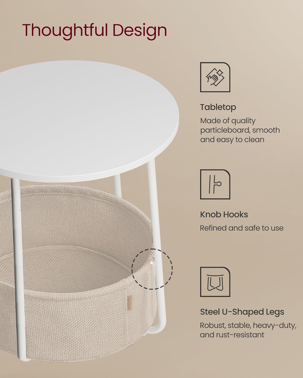 Round Side Table with Fabric Storage Basket, Modern Nightstand for Bedroom and Living Room LET223 - with Cream White | Sold by Uncle Wiener's Wholesale