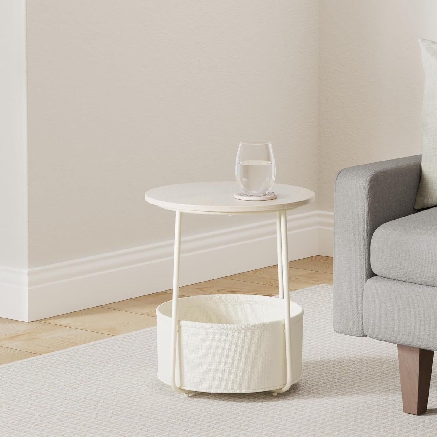 Round Side Table with Fabric Storage Basket, Modern Nightstand for Bedroom and Living Room LET223 - with Cream White | Sold by Uncle Wiener's Wholesale