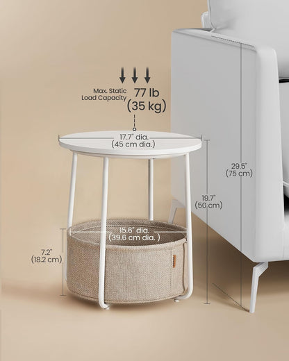 Round Side Table with Fabric Storage Basket, Modern Nightstand for Bedroom and Living Room LET223 - with Cream White | Sold by Uncle Wiener's Wholesale