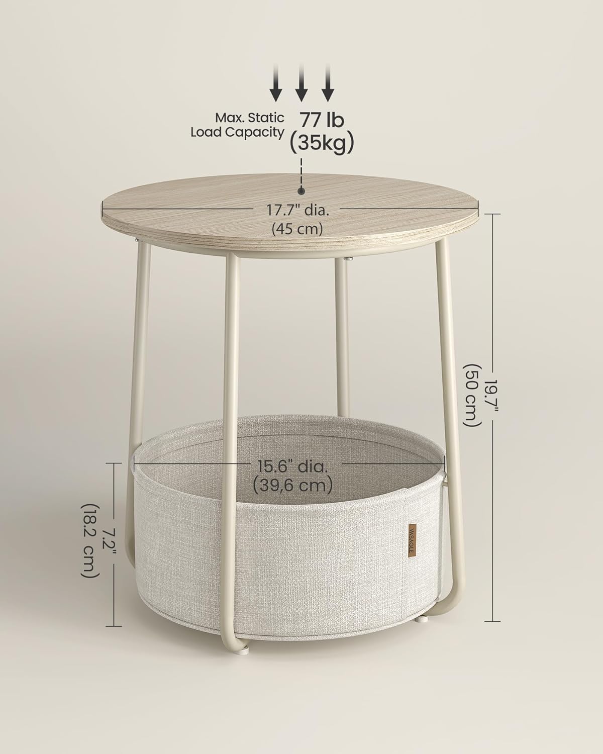 Round Side Table with Fabric Storage Basket, Modern Nightstand for Bedroom and Living Room LET223 - with Cream White | Sold by Uncle Wiener's Wholesale