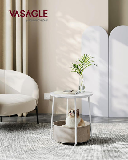Round Side Table with Fabric Storage Basket, Modern Nightstand for Bedroom and Living Room LET223 - with Cream White | Sold by Uncle Wiener's Wholesale