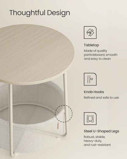 Round Side Table with Fabric Storage Basket, Modern Nightstand for Bedroom and Living Room LET223 - with Cream White | Sold by Uncle Wiener's Wholesale