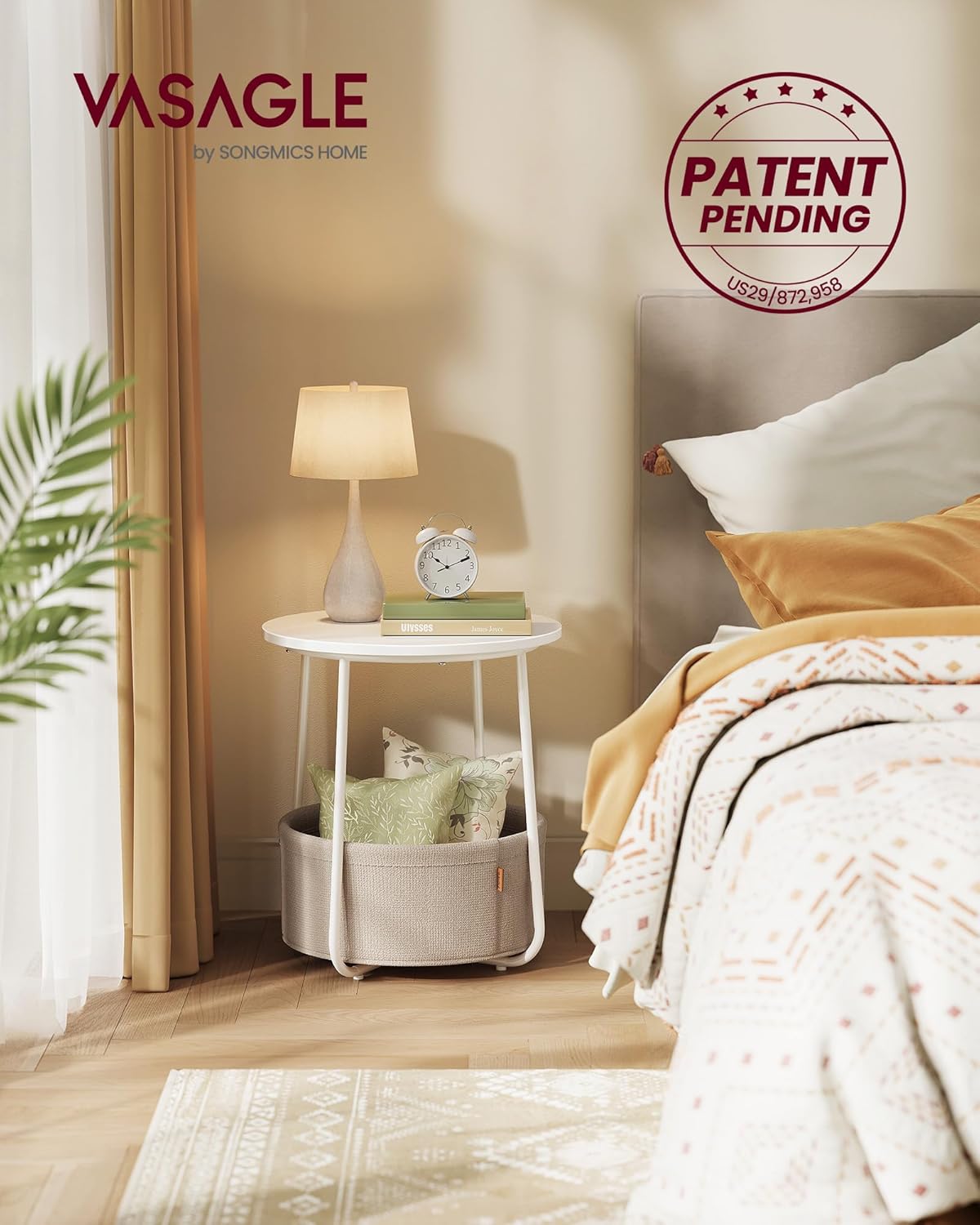 Round Side Table with Fabric Storage Basket, Modern Nightstand for Bedroom and Living Room LET223 - with Cream White | Sold by Uncle Wiener's Wholesale