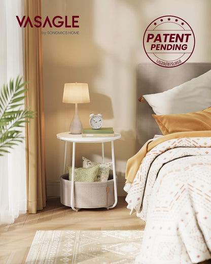 Round Side Table with Fabric Storage Basket, Modern Nightstand for Bedroom and Living Room LET223 - with Cream White | Sold by Uncle Wiener's Wholesale