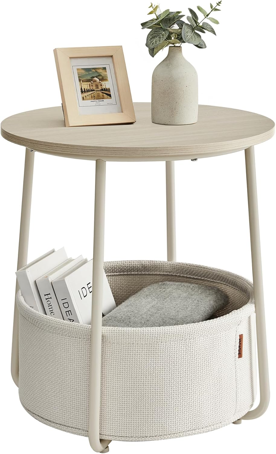 Round Side Table with Fabric Storage Basket, Modern Nightstand for Bedroom and Living Room LET223 - with Cream White | Sold by Uncle Wiener's Wholesale