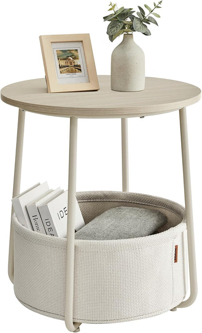 Round Side Table with Fabric Storage Basket, Modern Nightstand for Bedroom and Living Room LET223 - with Cream White | Sold by Uncle Wiener's Wholesale