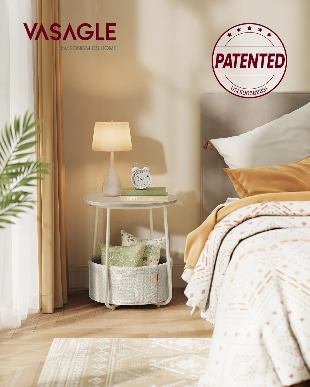 Round Side Table with Fabric Storage Basket, Modern Nightstand for Bedroom and Living Room LET223 - with Cream White | Sold by Uncle Wiener's Wholesale