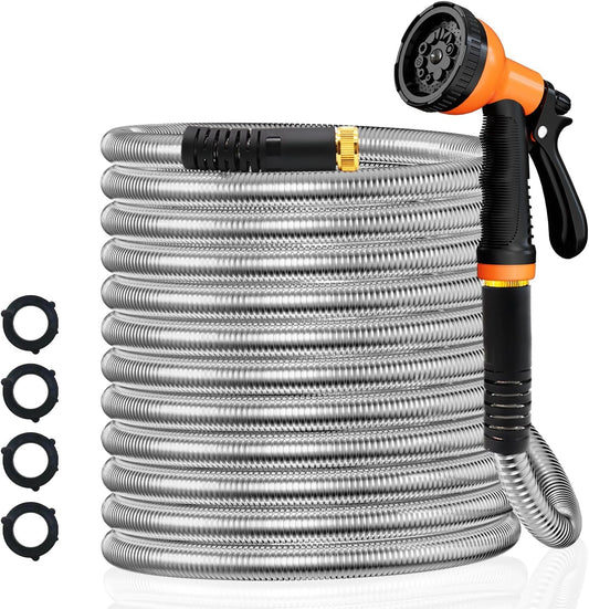 Rust Proof 304 Stainless Steel Water Hose with Brass Fittings – 25 FT & 50 FT with 10 - Function Nozzle - with 50 FT Stainless Steel | Sold by Uncle Wiener's Wholesale