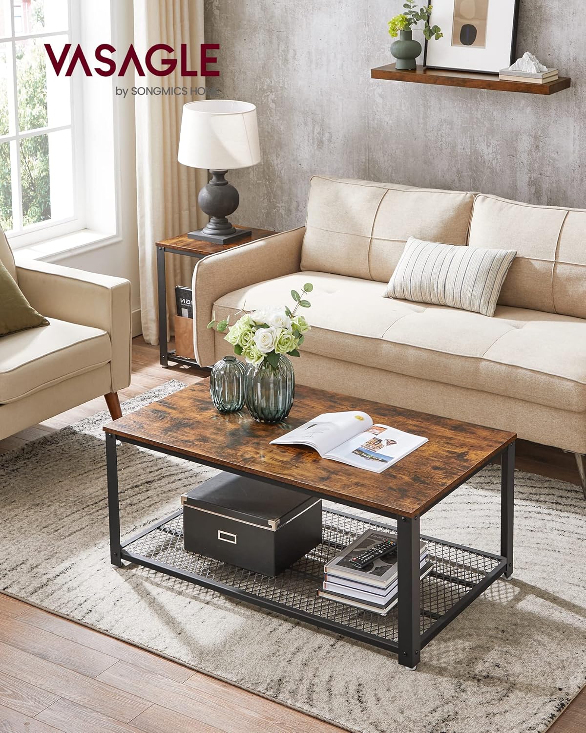 Rustic Brown Coffee Table with Storage Shelf Wood Look Industrial Living Room Center Table LCT61X - with | Sold by Uncle Wiener's Wholesale