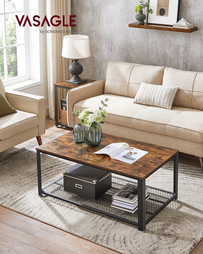 Rustic Brown Coffee Table with Storage Shelf Wood Look Industrial Living Room Center Table LCT61X - with | Sold by Uncle Wiener's Wholesale