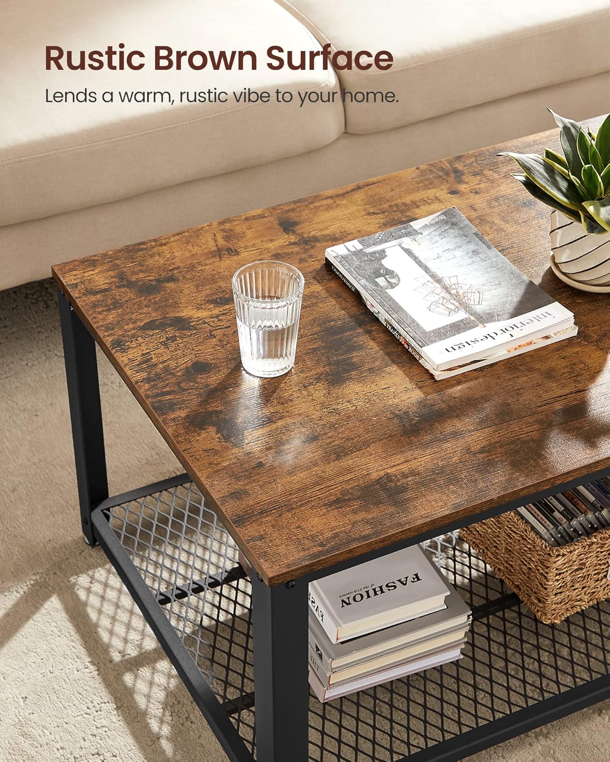 Rustic Brown Coffee Table with Storage Shelf Wood Look Industrial Living Room Center Table LCT61X - with | Sold by Uncle Wiener's Wholesale
