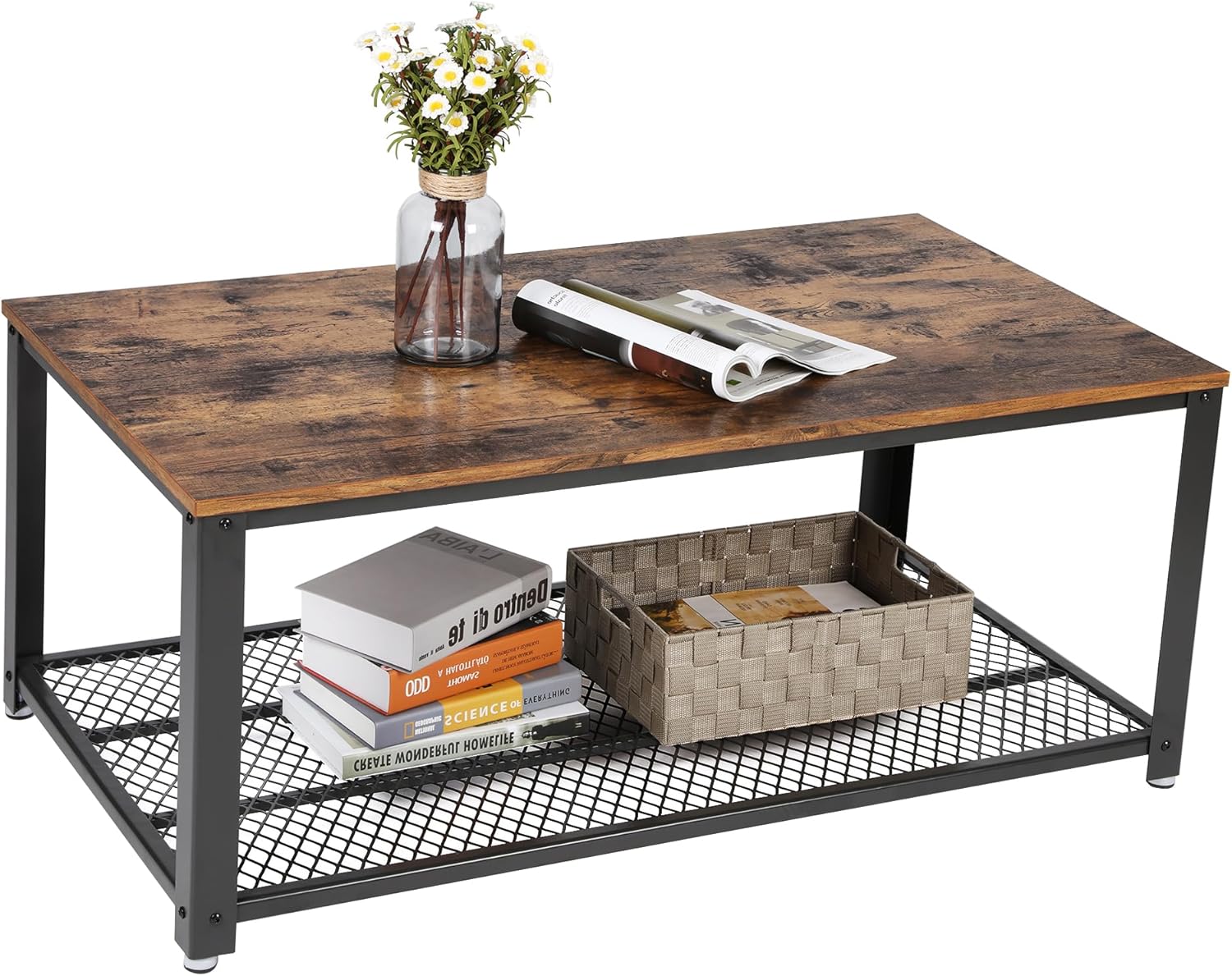Rustic Brown Coffee Table with Storage Shelf Wood Look Industrial Living Room Center Table LCT61X - with | Sold by Uncle Wiener's Wholesale