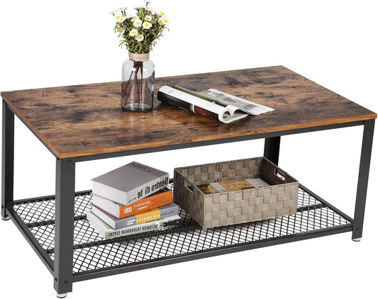 Rustic Brown Coffee Table with Storage Shelf Wood Look Industrial Living Room Center Table LCT61X - with | Sold by Uncle Wiener's Wholesale