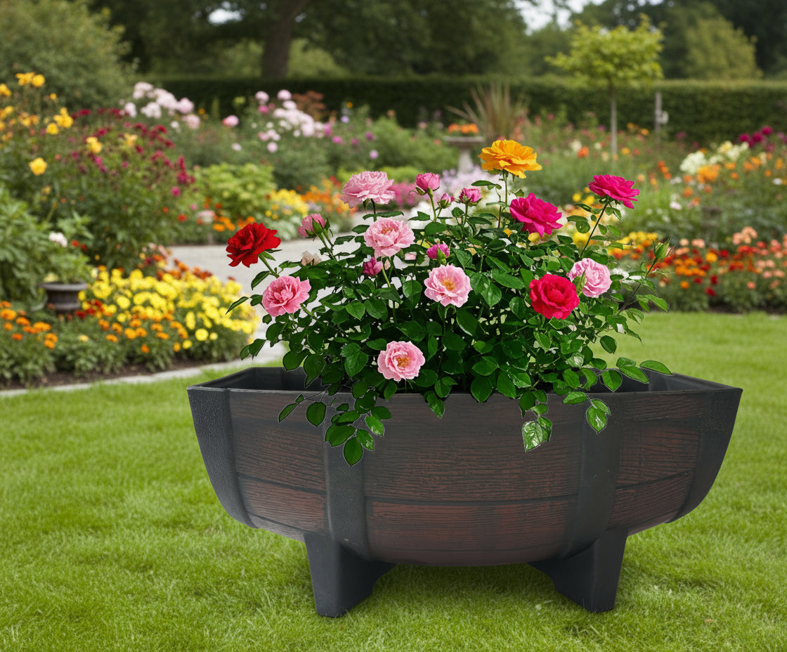 Rustic Half Barrel Planter – Decorative Plastic Garden Pot G5782 - with | Sold by Uncle Wiener's Wholesale