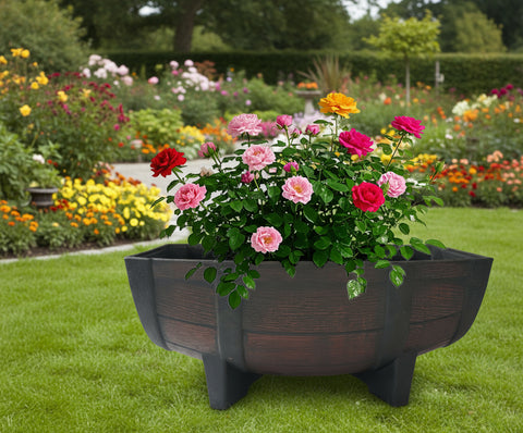 Rustic Half Barrel Planter – Decorative Plastic Garden Pot G5782 - with | Sold by Uncle Wiener's Wholesale
