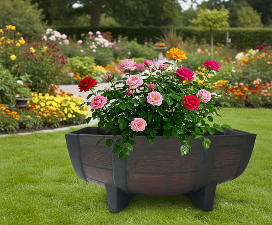 Rustic Half Barrel Planter – Decorative Plastic Garden Pot G5782 - with | Sold by Uncle Wiener's Wholesale