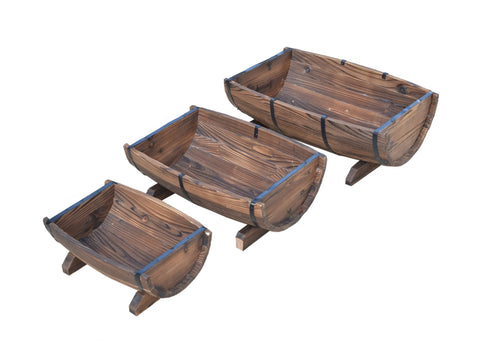 Rustic Half Barrel Wooden Planter Set – Burnt Finish, 3 Sizes (WPHB18) - Garden Planter Set – Rustic Burnt Finish with | Sold by Uncle Wiener's Wholesale