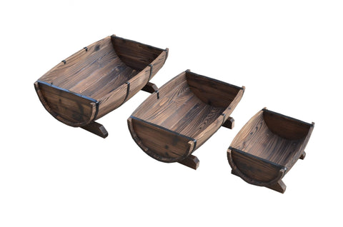 Rustic Half Barrel Wooden Planter Set – Burnt Finish, 3 Sizes (WPHB18) - Garden Planter Set – Rustic Burnt Finish with | Sold by Uncle Wiener's Wholesale