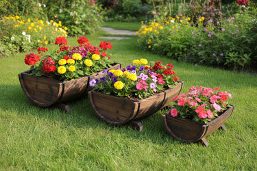 Rustic Half Barrel Wooden Planter Set – Burnt Finish, 3 Sizes (WPHB18) - Garden Planter Set – Rustic Burnt Finish with | Sold by Uncle Wiener's Wholesale