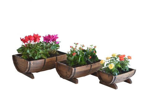 Rustic Half Barrel Wooden Planter Set – Burnt Finish, 3 Sizes (WPHB18) - Garden Planter Set – Rustic Burnt Finish with | Sold by Uncle Wiener's Wholesale
