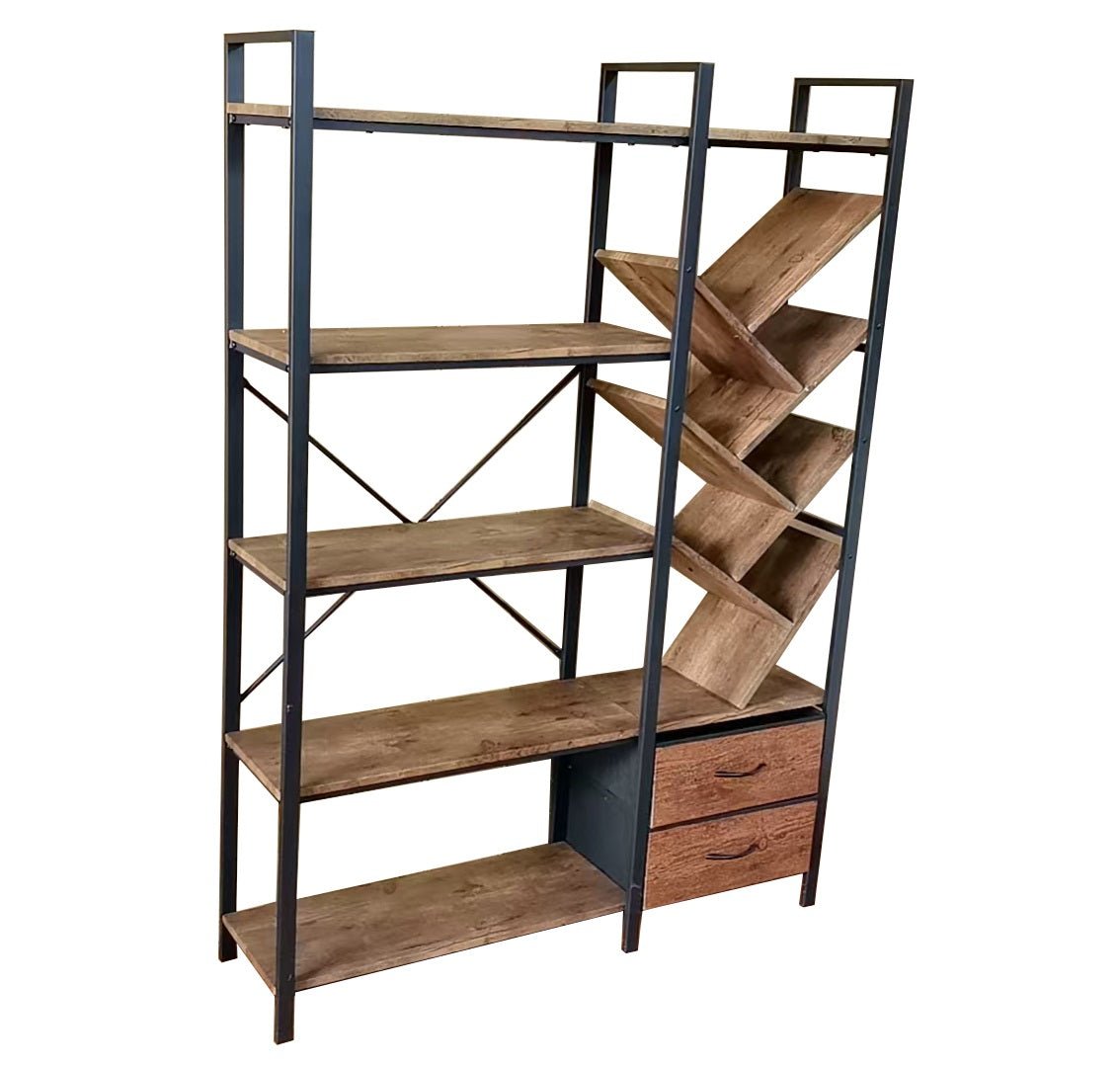 Rustic Industrial Tree Bookshelf – 47″ Wide 5‑Tier Bookcase w Drawers & Metal K2508 - with | Sold by Uncle Wiener's Wholesale