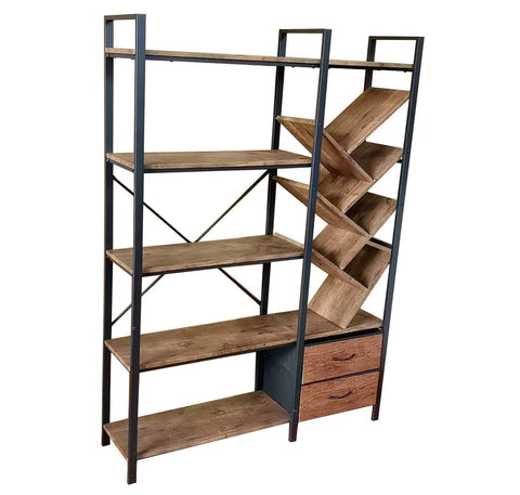 Rustic Industrial Tree Bookshelf – 47″ Wide 5‑Tier Bookcase w Drawers & Metal K2508 - with | Sold by Uncle Wiener's Wholesale