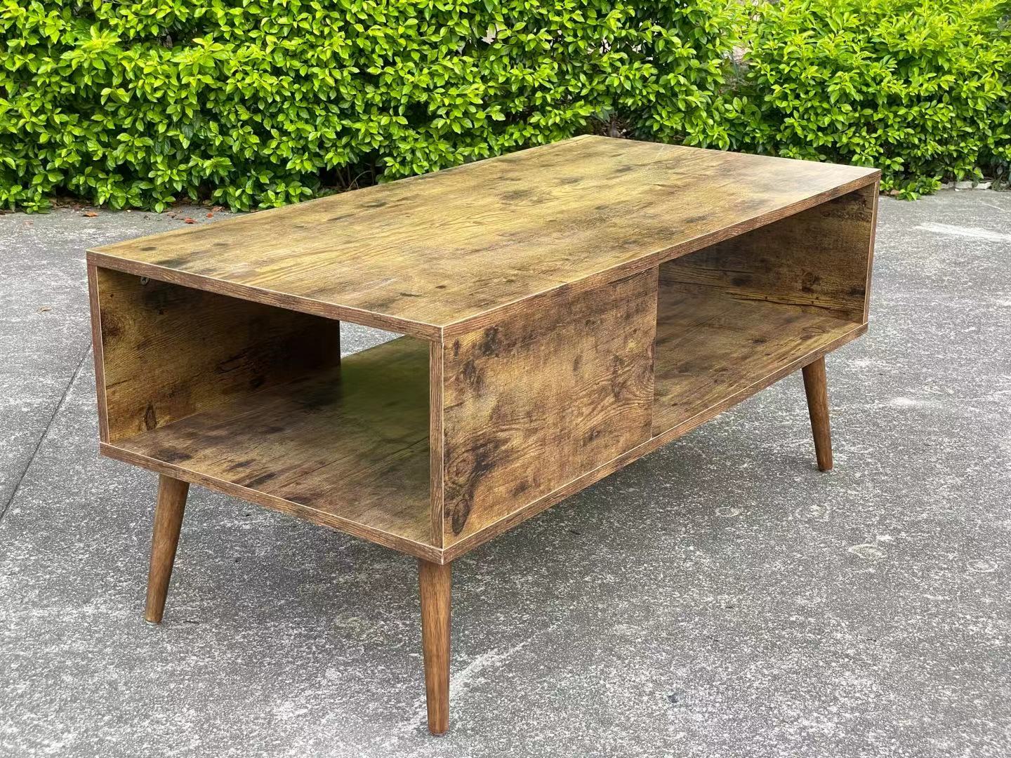 "Rustic mid-century solid wood coffee table with tapered legs and oak finish – Model TLCT2113"