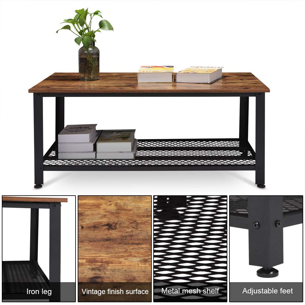 Rustic Wood Coffee Table with Storage Shelf – Metal Frame Vintage Design RWMFT - with | Sold by Uncle Wiener's Wholesale