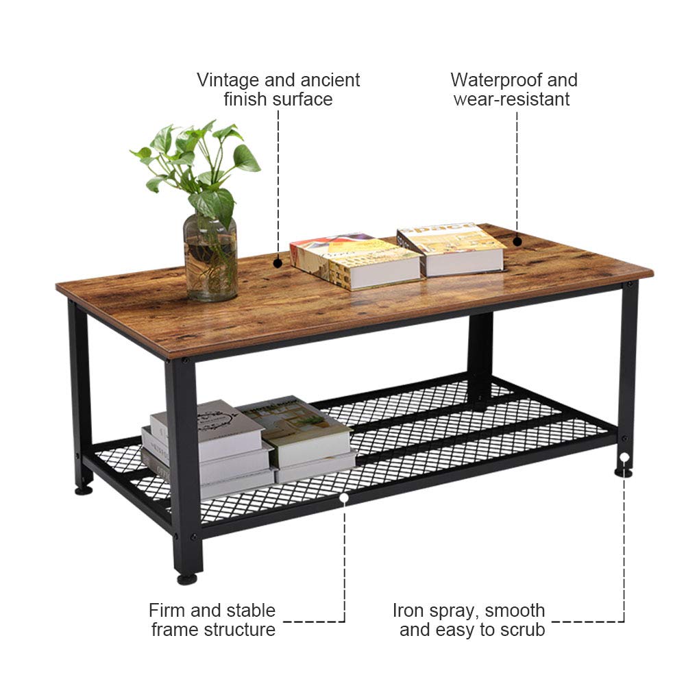 Rustic Wood Coffee Table with Storage Shelf – Metal Frame Vintage Design RWMFT - with | Sold by Uncle Wiener's Wholesale