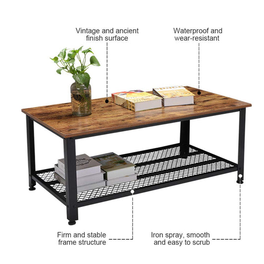 Rustic Wood Coffee Table with Storage Shelf – Metal Frame Vintage Design RWMFT - with | Sold by Uncle Wiener's Wholesale