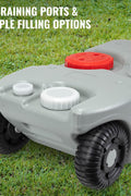 19.8 gallon RV portable waste tank with wheels

10.6 gallon camper holding tank front view

RV waste tanks with built-in hose and drain cap

Portable sewer tanks with accessories

Side-by-side comparison of 10.6 vs. 19.8 gallon waste tanks