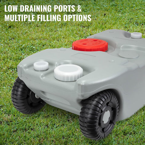 19.8 gallon RV portable waste tank with wheels

10.6 gallon camper holding tank front view

RV waste tanks with built-in hose and drain cap

Portable sewer tanks with accessories

Side-by-side comparison of 10.6 vs. 19.8 gallon waste tanks