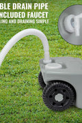 19.8 gallon RV portable waste tank with wheels

10.6 gallon camper holding tank front view

RV waste tanks with built-in hose and drain cap

Portable sewer tanks with accessories

Side-by-side comparison of 10.6 vs. 19.8 gallon waste tanks