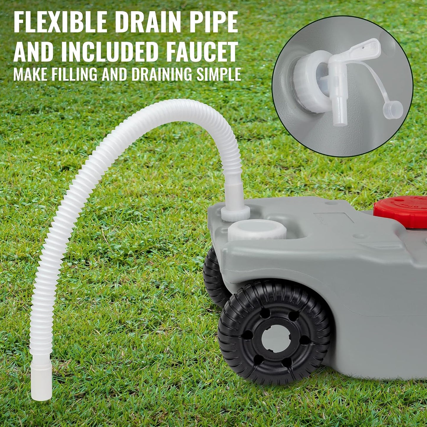 19.8 gallon RV portable waste tank with wheels

10.6 gallon camper holding tank front view

RV waste tanks with built-in hose and drain cap

Portable sewer tanks with accessories

Side-by-side comparison of 10.6 vs. 19.8 gallon waste tanks