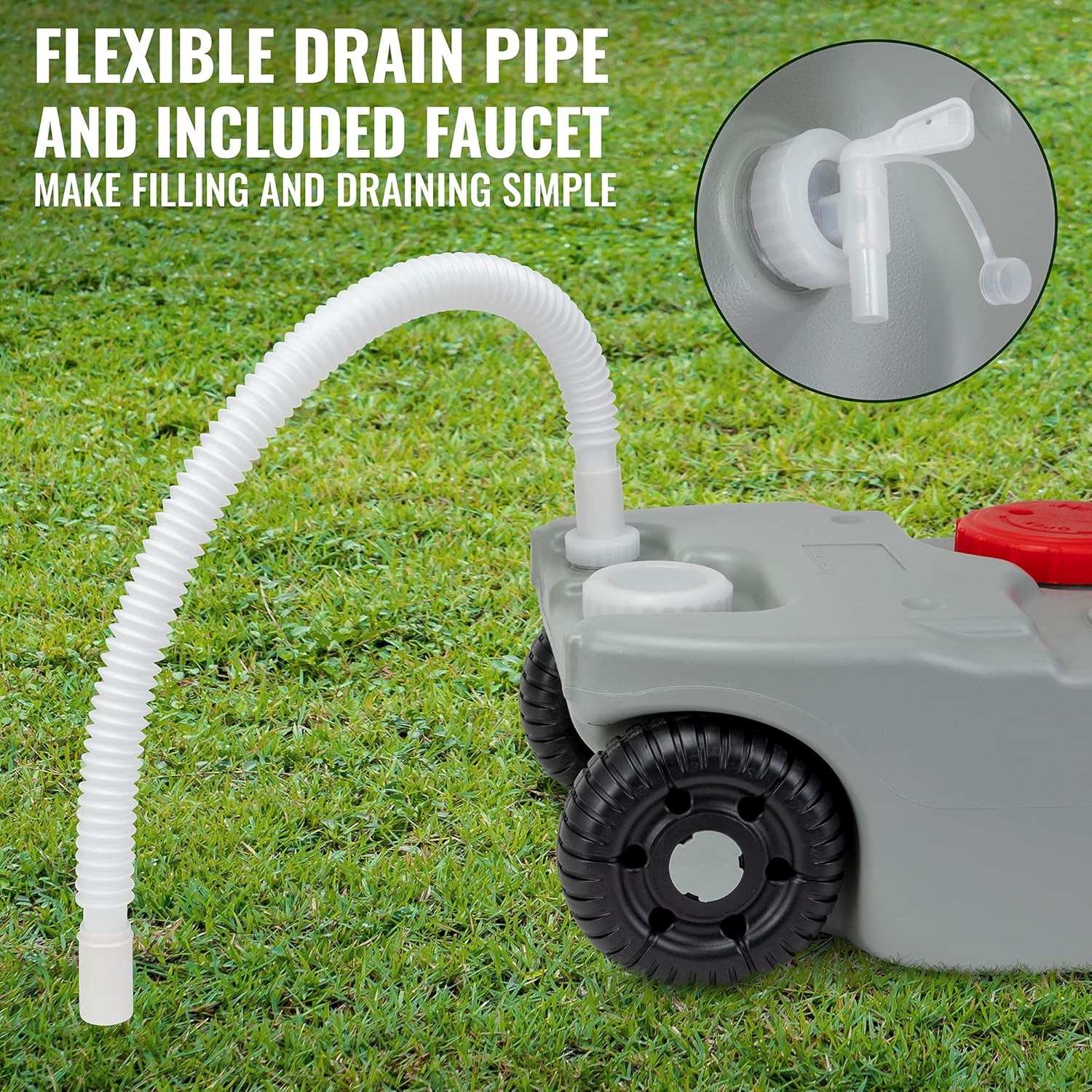 19.8 gallon RV portable waste tank with wheels

10.6 gallon camper holding tank front view

RV waste tanks with built-in hose and drain cap

Portable sewer tanks with accessories

Side-by-side comparison of 10.6 vs. 19.8 gallon waste tanks
