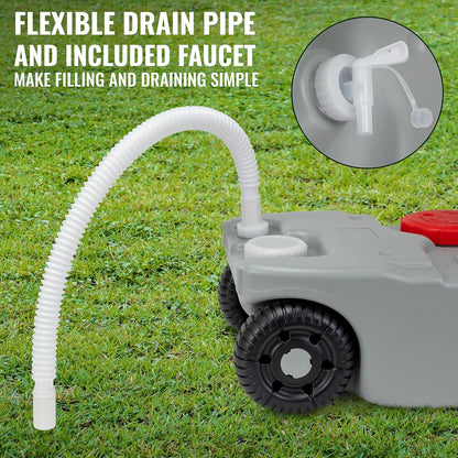 19.8 gallon RV portable waste tank with wheels

10.6 gallon camper holding tank front view

RV waste tanks with built-in hose and drain cap

Portable sewer tanks with accessories

Side-by-side comparison of 10.6 vs. 19.8 gallon waste tanks