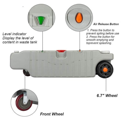 19.8 gallon RV portable waste tank with wheels

10.6 gallon camper holding tank front view

RV waste tanks with built-in hose and drain cap

Portable sewer tanks with accessories

Side-by-side comparison of 10.6 vs. 19.8 gallon waste tanks