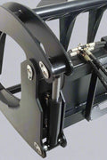 Front view of 72" grapple rake

84" skid steer root grapple in action

Dual hydraulic cylinders close-up

Grapple rake with wide jaw opening

Teeth and frame detail